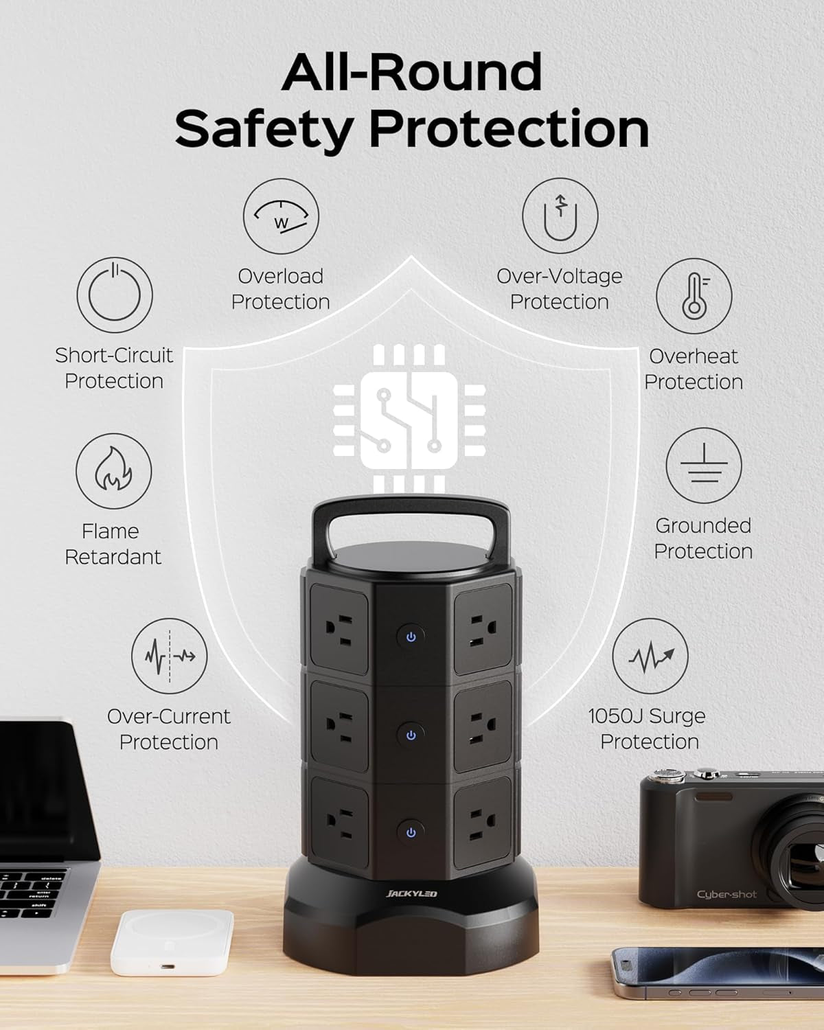 Power Strip Tower Surge Protector, 1625W 13A Outlet Surge Electric Tower, 12 Outlets 6 USB Ports Charging Station with 16AWG 6.5Ft Heavy Duty Extension Cord for Home Office Dorm Black