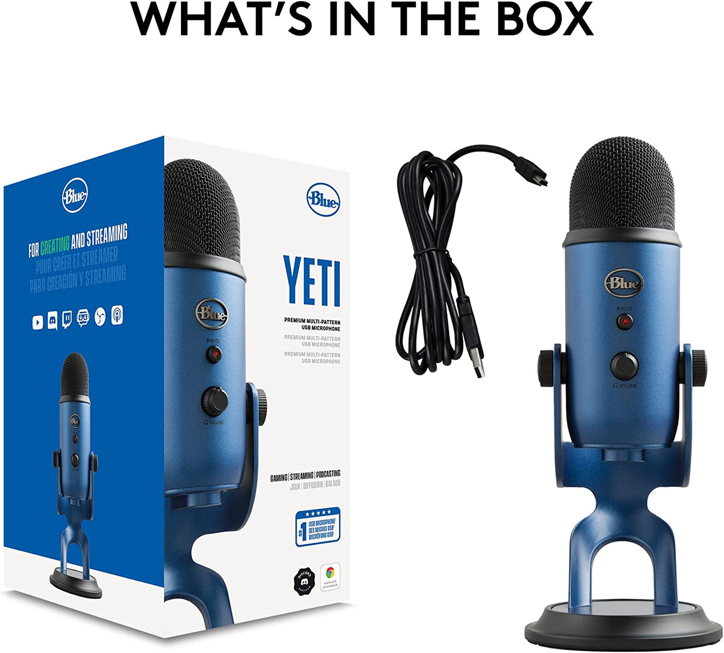 Logitech for Creators Yeti USB Microphone for Gaming, Streaming, Podcasting, Twitch, Youtube, Discord, Recording for PC and Mac, 4 Polar Patterns, Studio Quality Sound, Plug & Play-Midnight